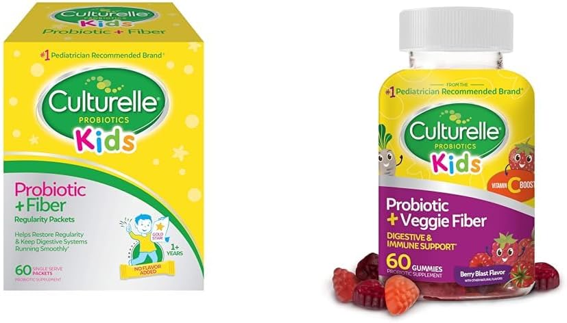 Culturelle Kids Probiotic + Fiber Packets 60 Count & Daily Probiotic Gummies 60 Count - Prebavne in imunskega zdravja