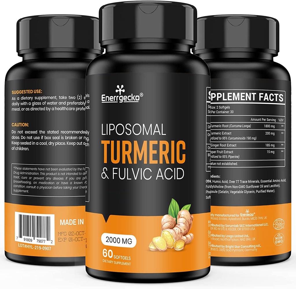 2000 mg liposomske kurkumin s črnim poprom in ingverjem za superior absorpcijo s fulvično kislino in humno kislino (60 % (paket s 1))