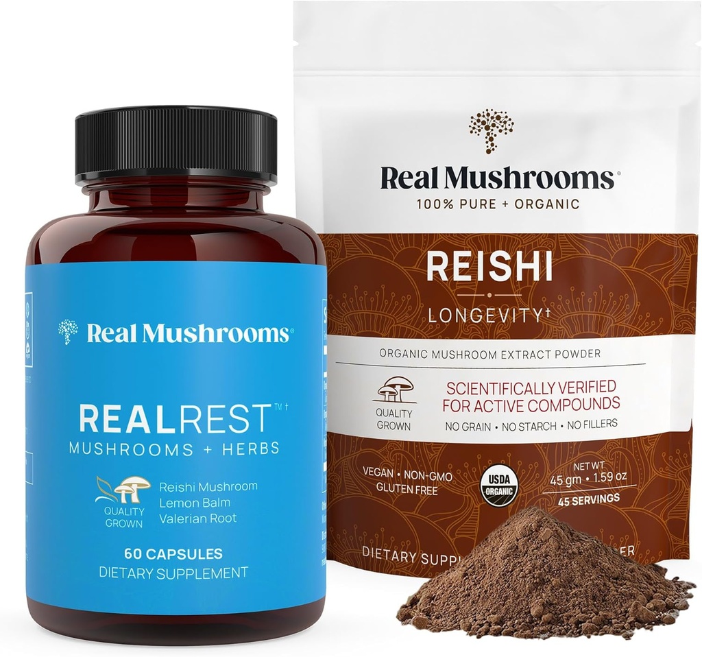 Real Gobe RealRest (60ct) Kapsule in Reishi gobe Powder (45 Serving) Bunde - Gobe dopolnilo za dolgoživost, Dnevna imunske podpore, Izboljšano spanje in sprostitev - Vegan, Non-GMO