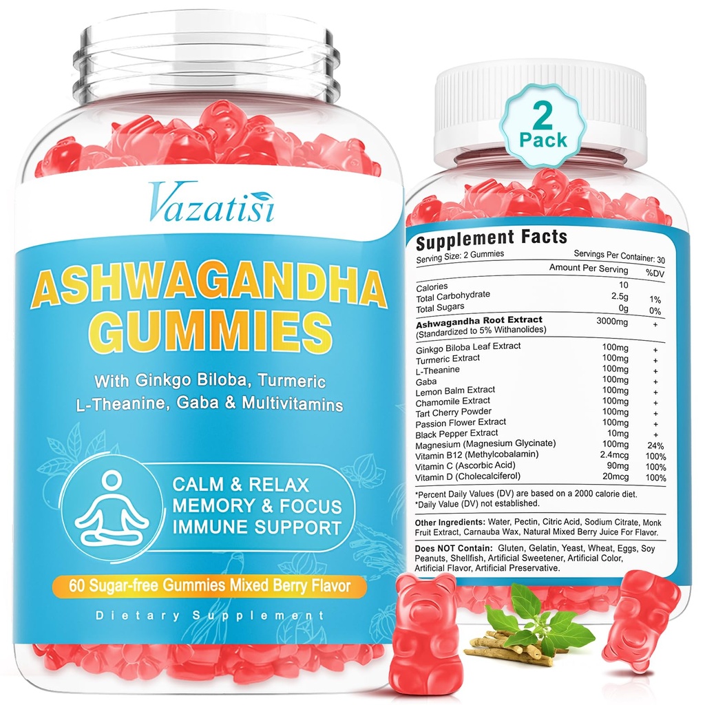 2 Pack Ashwagandha Gumies s kurkuma GABA Mood Energy in Imunska podpora, mešane jagode aroma 120 Cts