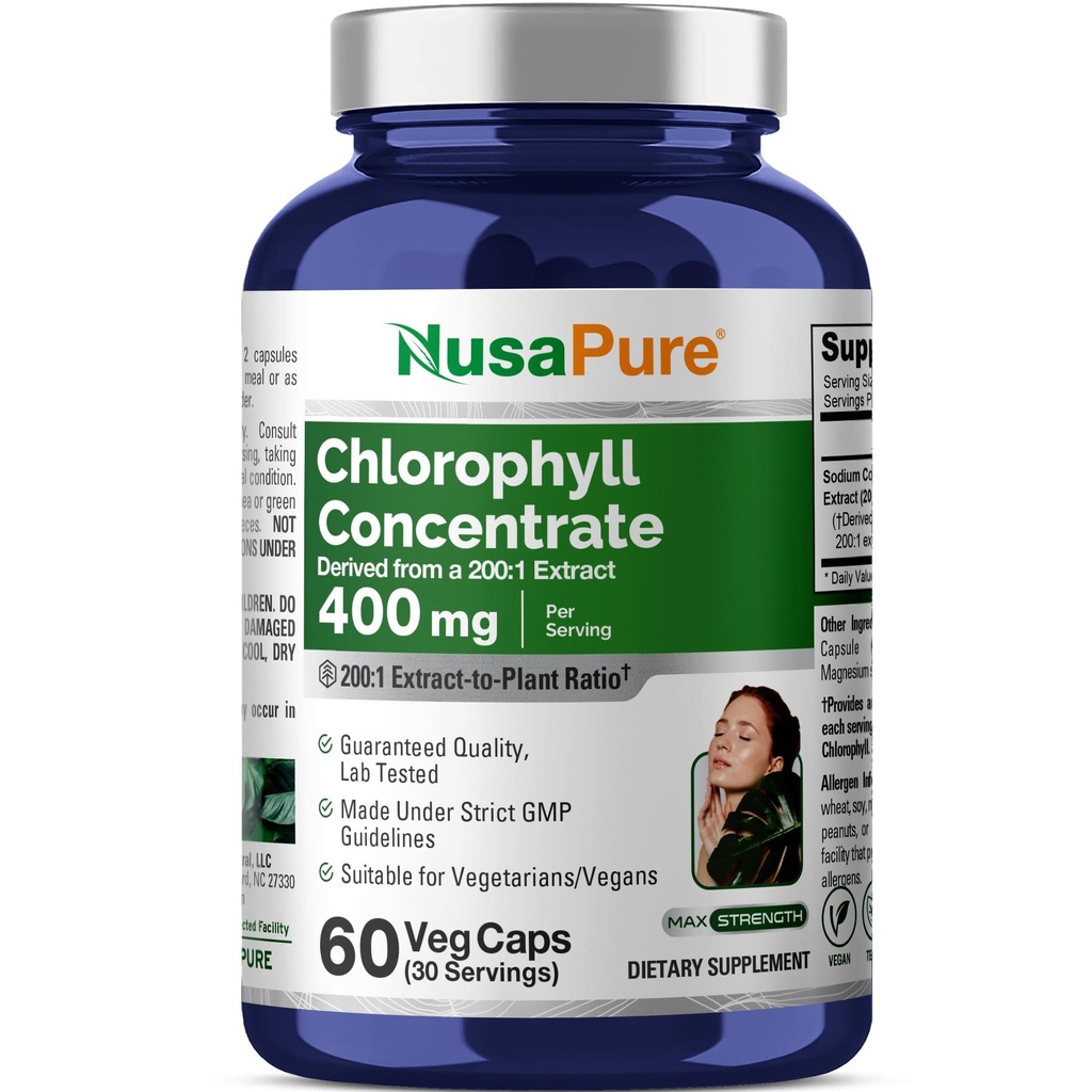 NusaPure Chlorophyll 200:1 ekstrakt, 400 mg ekvivalent 80.000 mg 60 Veggie Caps (enakovalentna 80000 mg na serviranje, ne-GMO, Vegan) natrijev bakrov klorofilin
