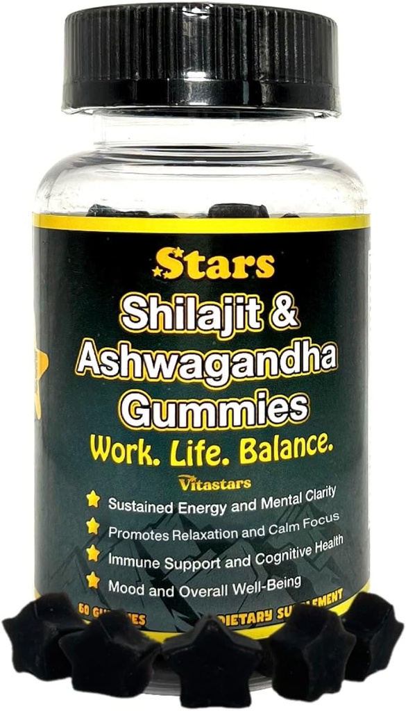 Shilajit Ashwagandha Gummies - Imunska podpora dodatek s Pure Shilajit Resin - Organic Ashwagandha Gummy za stres, Energija & Wellness, 60 Naravni zvezda-Shaped Gummies