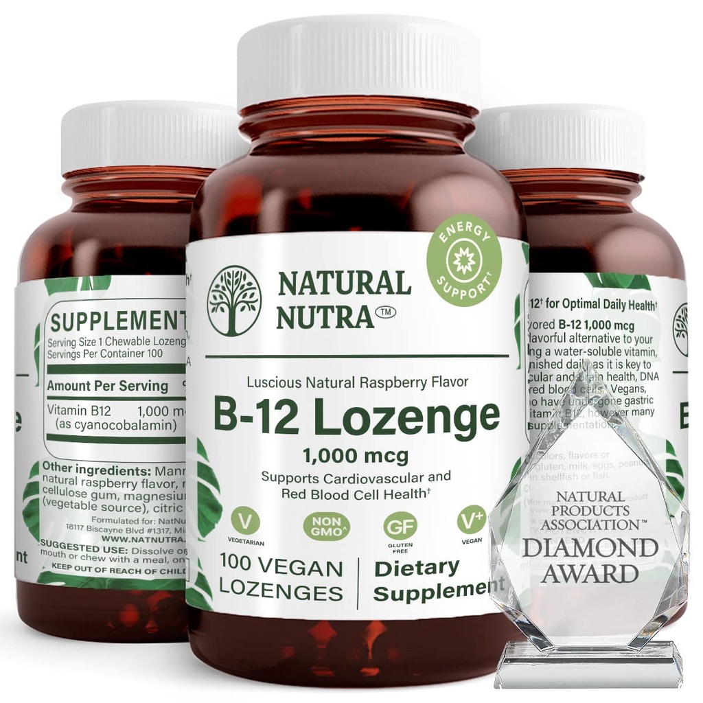 Naravni nutra vitamin B12 dopolnilo, pomaga povečati energijske ravni, bistvenega pomena za zdravje živčevja, pomaga izboljšati razpoloženje in duševno zdravje, podpira kardiovaskularni sistem, 100 Lozenges