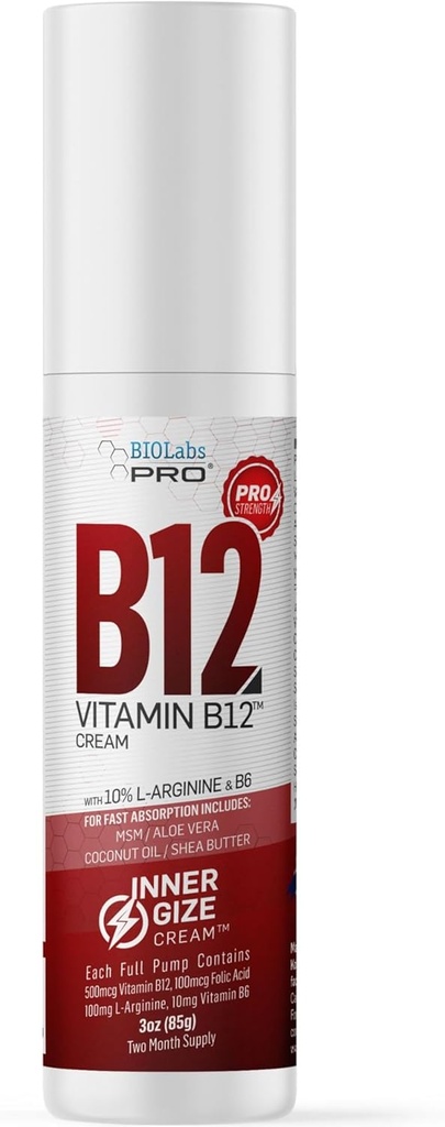 BIOLABS PRO INNERGIZE B12 krema - vse naravne topične B12 w/B6 & 10% L-arginin - Napredna nevrološka podpora in podpora pred treningom - Profesionalna stopnja metil B12 - B6