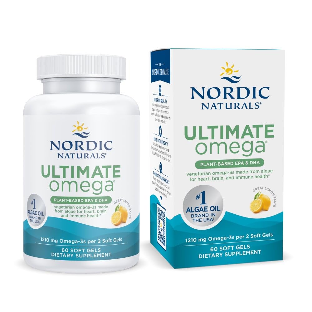 Nordic Naturals Plant Based Ultimate Omega, Lemon Flavor - 60 Vegetarian Soft Gels - 1210 mg Omega-3 - Vegan EPA in DHA - Dodatek Made from Algae - Brain & Heart Support - Non-GMO - 30 Servings