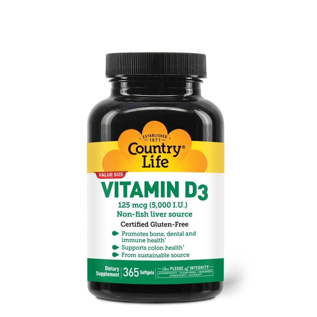 Country Life Vitamin D3 5000 i.e. – Visoka moč, neribji vir, podpira zdravje kosti, imunske funkcije in kalcijevo absorpcijo – 365 softgels, Certified Gluten-free, dolgotrajna oskrba
