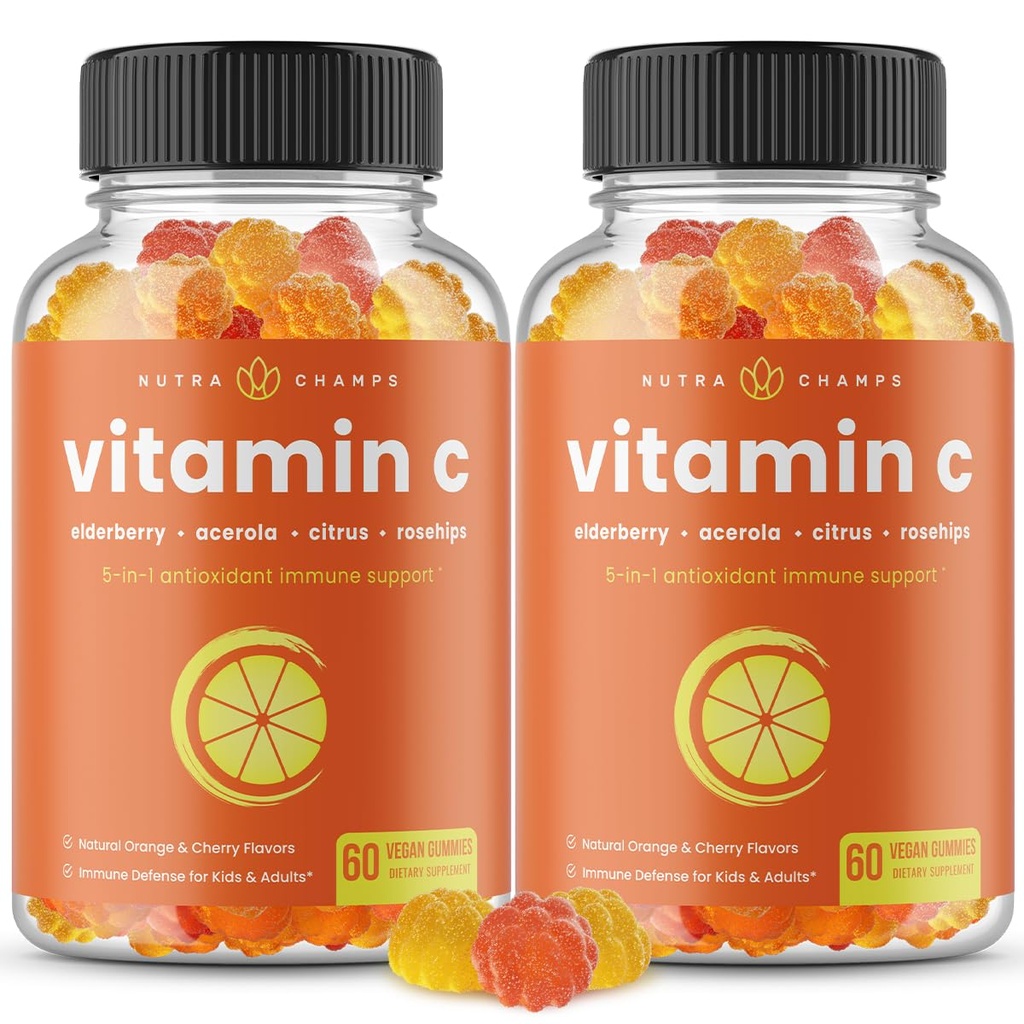 NutraChamps Vitamin C Gumiji za odrasle in otroke, 5-in-1 Imunski sistem podpora z bezgavk, Šipek, Citrus Bioflavonoidi & Acerola Cherry, Immunity Booster dodatek (Pack z 2)