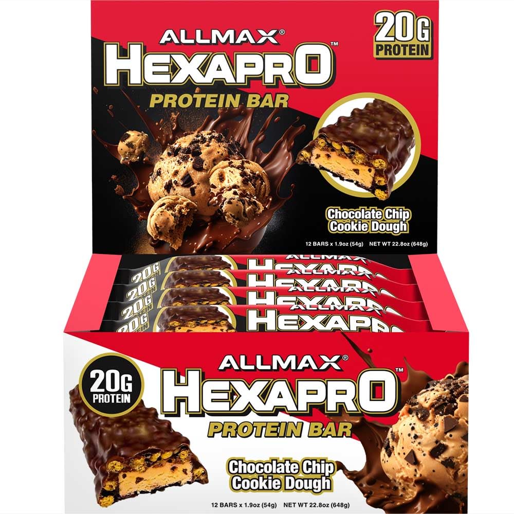 ALLMAX HEXAPRO PROTEIN BAR, Čokoladni Chip piškotek Dough - pakiranje po 12 - Prigrizek z visoko vsebnostjo beljakovin - 20 g beljakovin na ploščico - z izolatom sirotkinih beljakovin