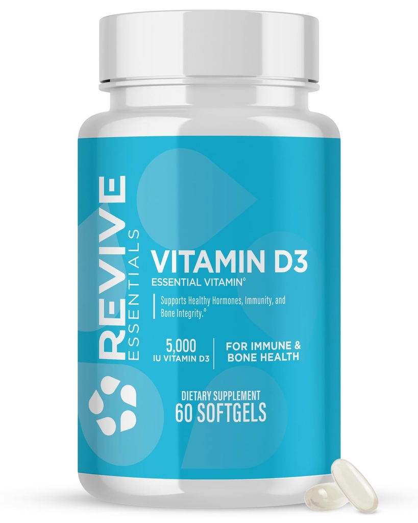 Revive MD Vitamin D3 dodatek, 5000 i.e. - Visoka jakost holekalciferol za imuno podporo, kalcijeva absorpcija, zdravje kosti in mišic - ne-GMO prehranska dopolnila brez polnil - 60 softgels