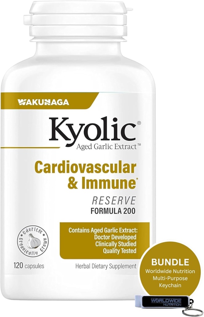Worldwide Nutrition Bundle Združljiv s Kyolic Starano česen ekstrakt, Kardiovaskularna in Imunska - rezerva Formula 200, Kyolc Aged Česen Extract Kapsule 120 Število in multi-Position Key Chain