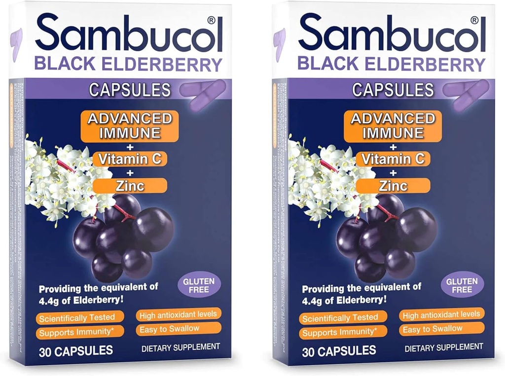 Sambucol Black Elderberry Capsules - Advanced Immune, Vitamin C and Zinc, Elderberry Capsules, Immune Support, Black Elderberry Supplements, Gluten Free, Easy to Swallow Capsules - 30 Count, 2-Pack