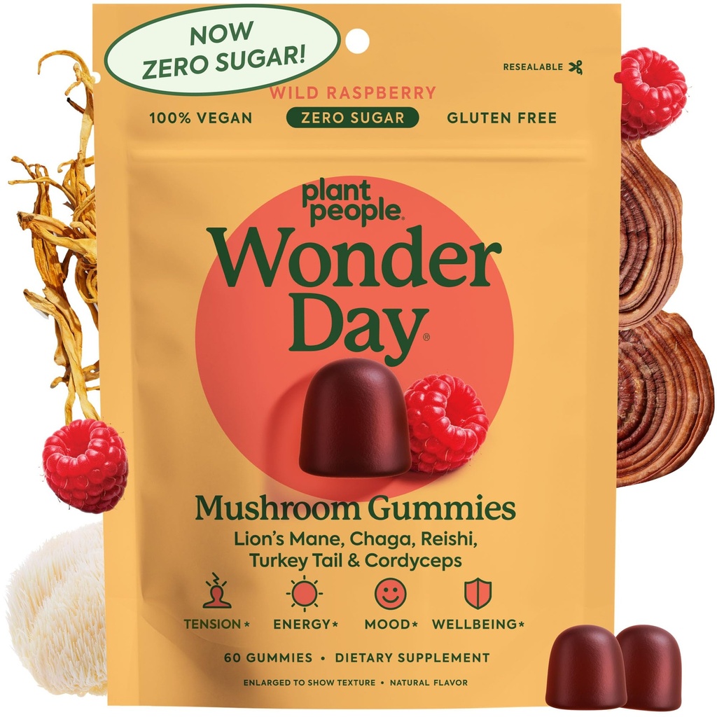 Rastlinski ljudje WonderDay gobe Gumies - Levja griva, Cordyceps, Chaga gobe dodatek za podporo imunski sistem De-stress Boost Mood in energijo pri odraslih Naravni, Vegan, Non-GMO (60 grof)