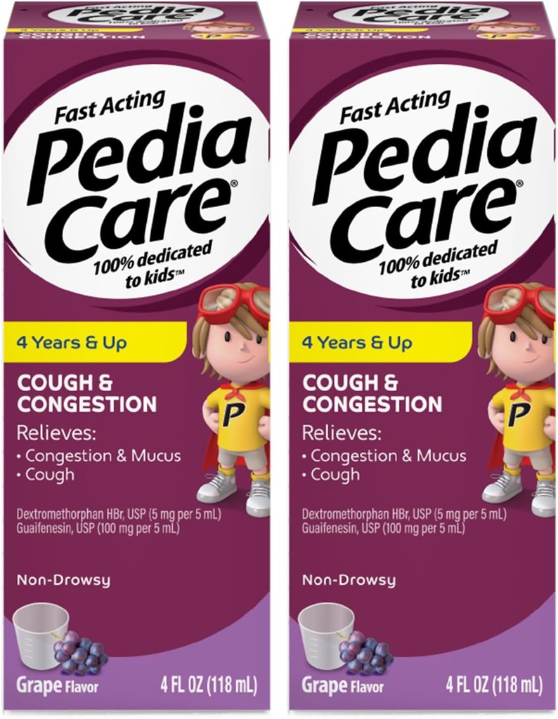 Tekoča medicina za kašelj, prebavne motnje v prsnem košu in prehladni simptomi sluzi, neudobni, starosti 4+, grozdni okus, 4 fl oz (2 paket)