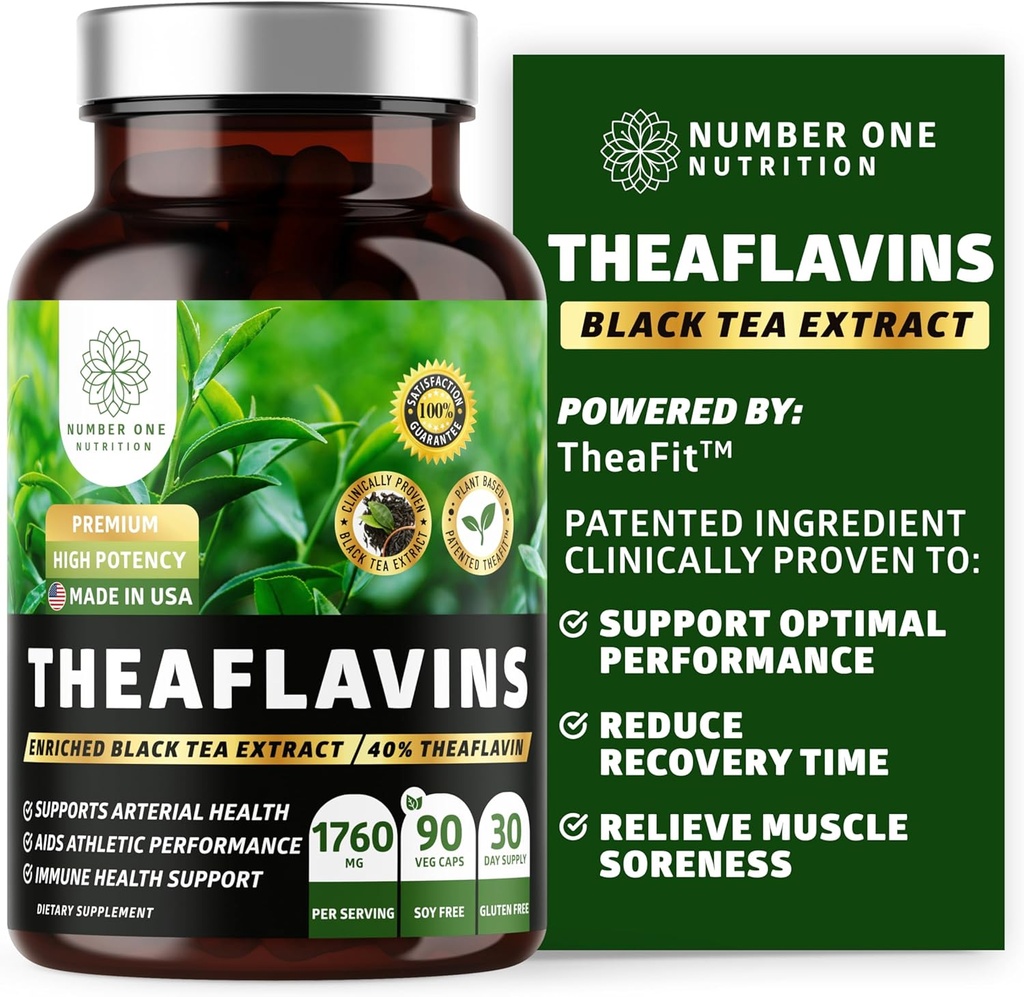 N1 Premium Teaflavins črni čaj ekstrakt [40% Theaflavins] Powered by TheaFitTM za podporo uspešnosti vaje in zmanjšanje časa za oživitev, 90 Veg Caps