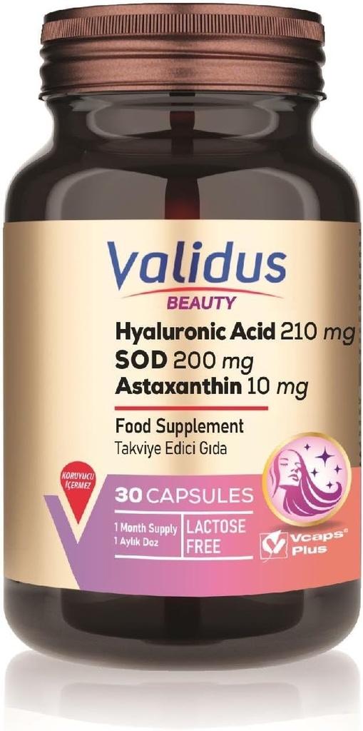 VALIDUS hialuronska kislina 210 mg + astaksantin 10 mg 30 kapsul (Vcaps Plus)