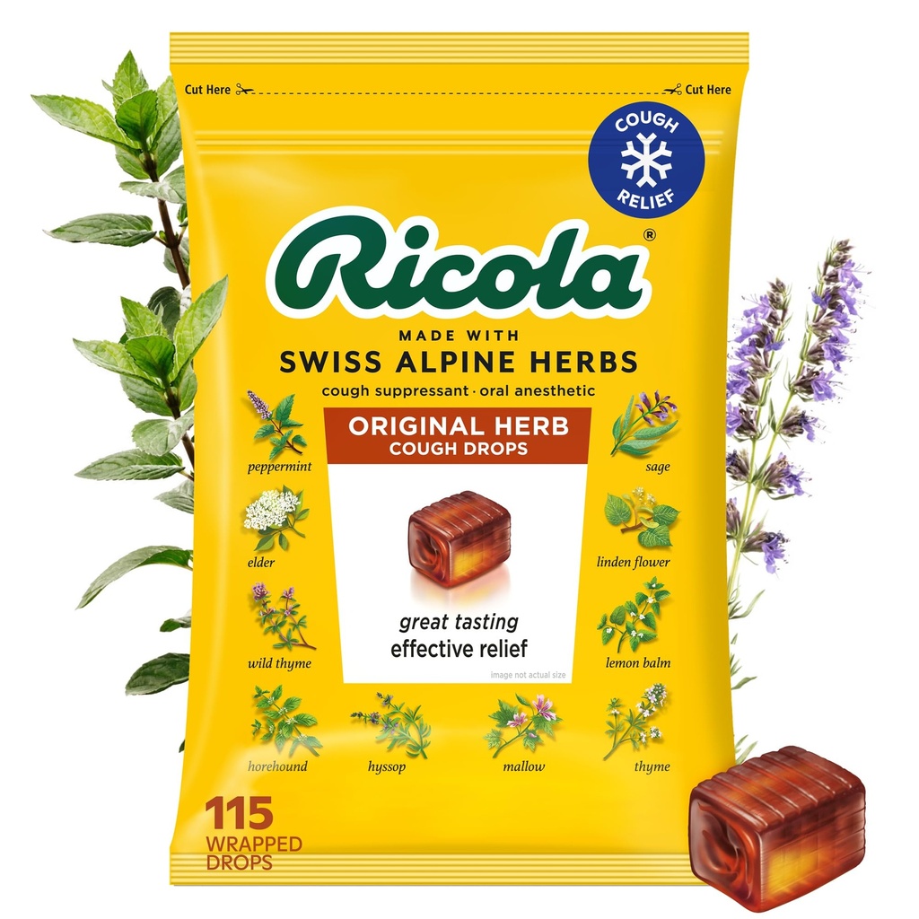 Ricola Original Herb Kašelj kapljice, 115 Grof, Cough Supressant & Treat Releading kapljice z naravno izvorno Mentol, Prijeten zeliščni okus za kašelj in vnetje grla Symptom Relief