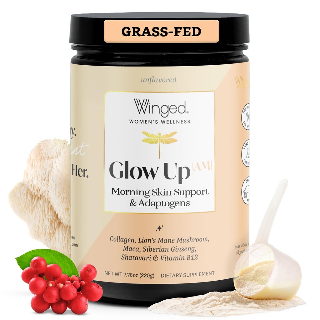 Winged Wellness Glow Up AM, Colagen Powder za ženske - Jutranji lepotni dodatek za glowing kožo s travo-Fed hidrolizirani kolagen peptidi, lev Mane & Maca Root - 21 Servings, Unflavored