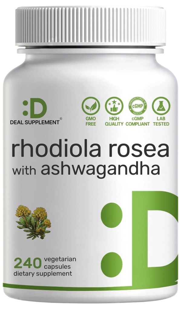 DEAL DOPOLNILO Rhodiola Rosea z Ashwagandha, 240 Veggie kapsule – Max Moč 10:1 Root Extract – Adaptogene dodatke za sprostitev, energijo, in zdravje možganov* – Non-GMO