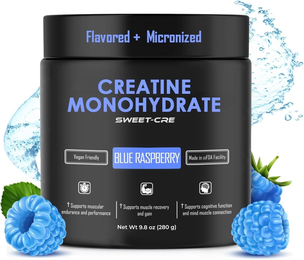 Kreatin monohidrat – 5g Kreatin monohidrat v prahu – Napredni Kreatin za ženske in moške – Bulk dodatki Kreatin – Okusni sadni punch Flavor – 10oz (40 strežnice, Modra malina)