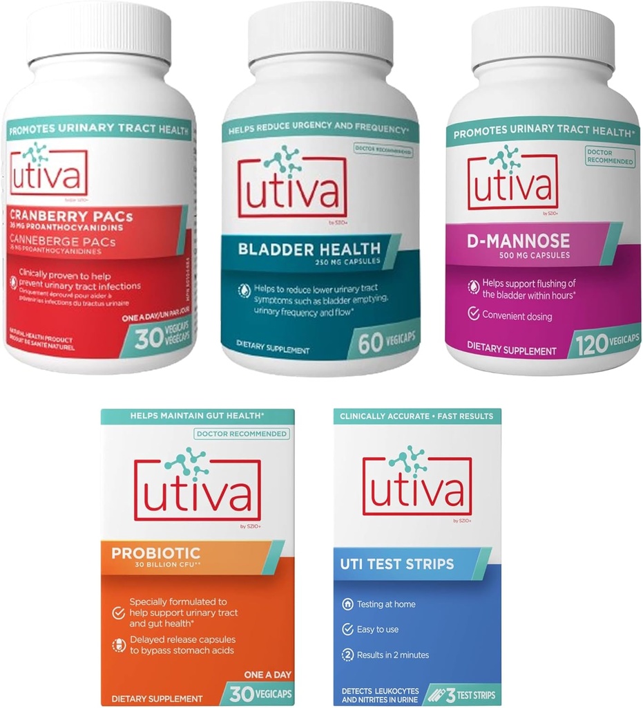 15% paket Utiva Cranberry PAC 30 Vegi kapsule + Utiva Bladder Health 60 kapsule + Utiva D- Mannose 500mg 120 kapsule + Utiva Probiotic 30 zapoznela release Preskusni trakovi