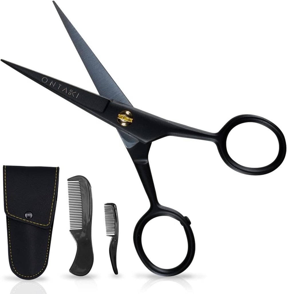 Ontaki Mustache Škarje za moške - 5-nadstropno, črno - nemško visokokarbonsko jeklo Bevel-Edge za natančnost - Brada Trimming škarje - Vključuje Grooming komplet z Mustache & Beard Combs & Nošenje Pouch
