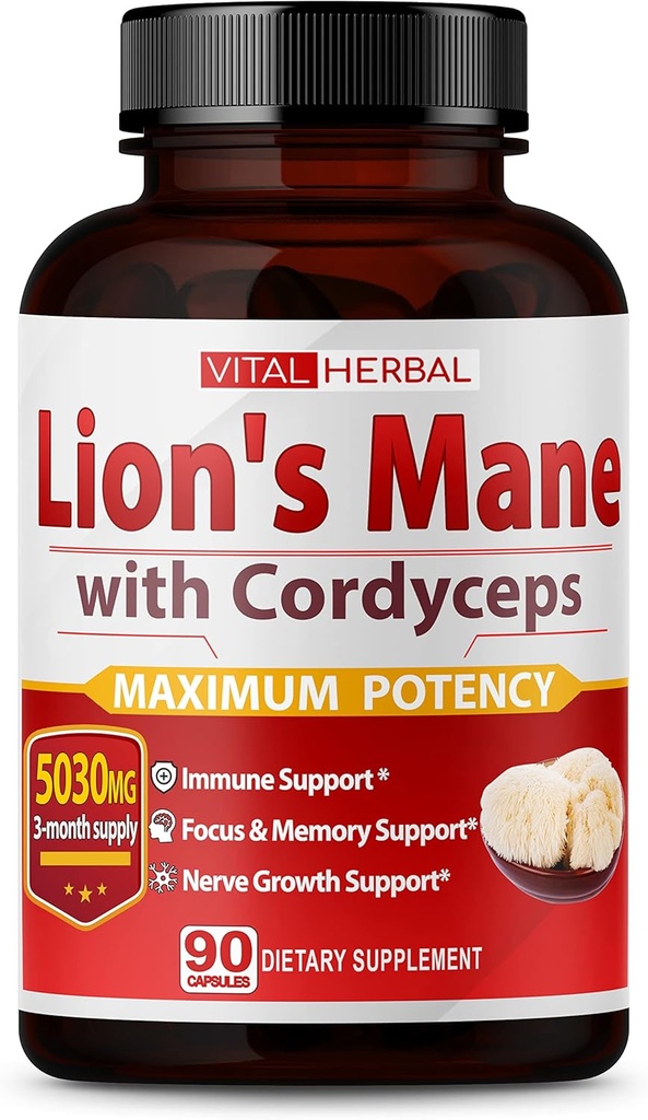 VITAL HERBAL Lions Mane Gobe z Cordyceps Kapsule Enakovreden 5030mg - Maksimalna moč L-Theanine Ashwagandha Možganski dodatek za fokus Memory Energy Podpora razpoloženju 90 dni