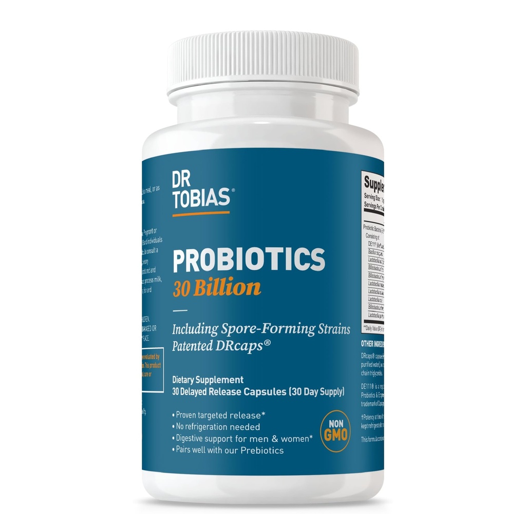 Dr. Tobias Probiotics 30 milijard, 10 sevi, 30 milijard CFU je, Ciljna sprostitev Probiotiki za ženske in moške, Podpira prebavno zdravje, Rok uporabnosti, Non-GMO, 30 kapsul, 30 Serving