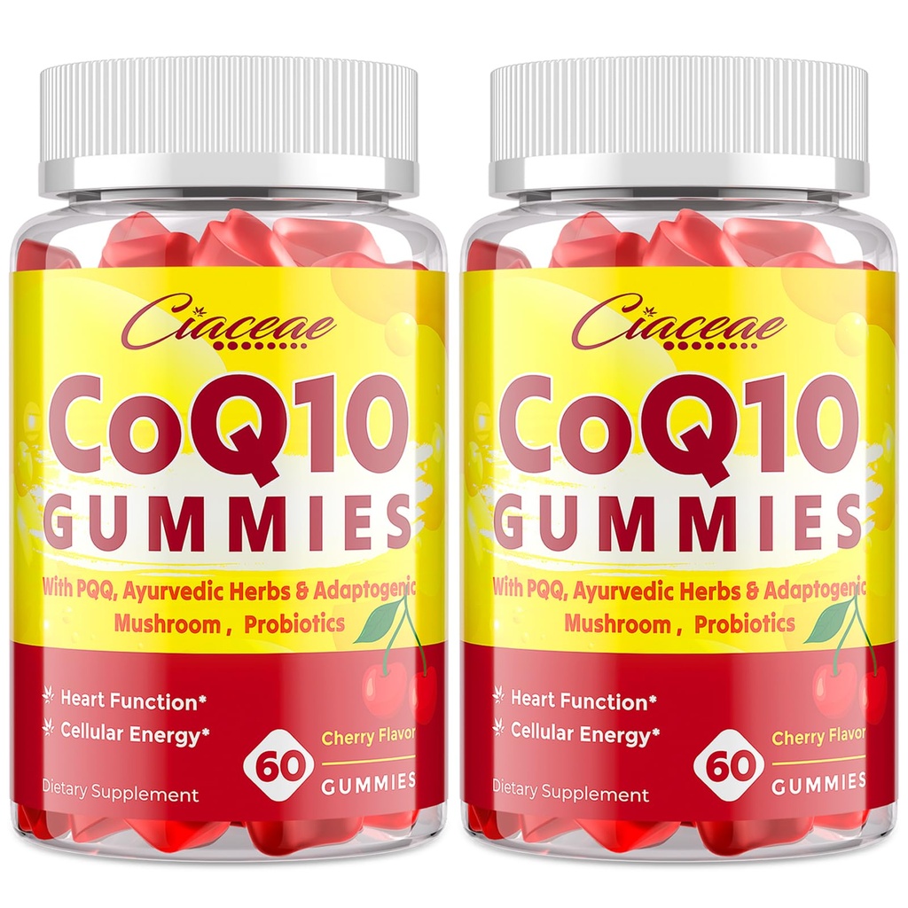 CoQ10 Gumiji s PQQ - 400 MG Koencim Q10 Visoka moč, Okrepljen z ajurvedskimi zelišči, Adaptogene gobe Mešanica in probiotiki za srce, možgane, energijo, Immuniteta, Cherry Flavor, 120 Vegan Gumies
