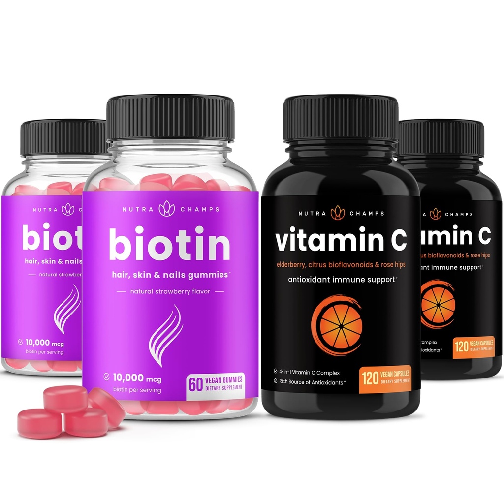 NutraChamps Biotin Gummies (2 pakiranji) in kapsule vitamina C (2 pakiranji)