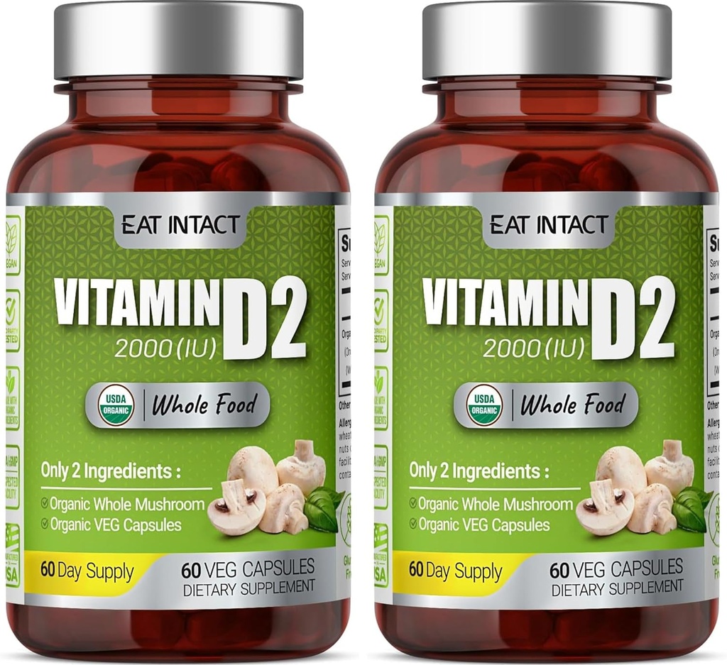 Ekološki veganski vitamin D2 (2 pakiranji), 2000 i.e. (50 μg), dve sestavini (Organska cela goba organska veganska kapsula), ne-GMO, 120 dni dobave