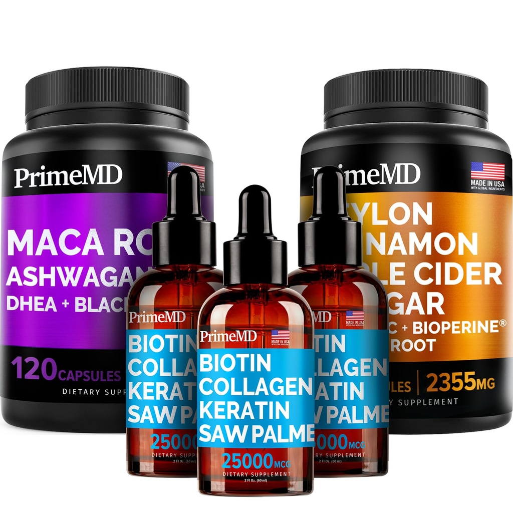 5-v-1 Ceylon Cinamon (120ct), 4-v-1 Biotin Collagen Keratin Saw Palmetto (2 fl oz - 3 Pack) & 6-v-1 Maca Root Ashwagandha (120ct) Bundle - Energija, Mood, Hair, Skin & Imunska podpora