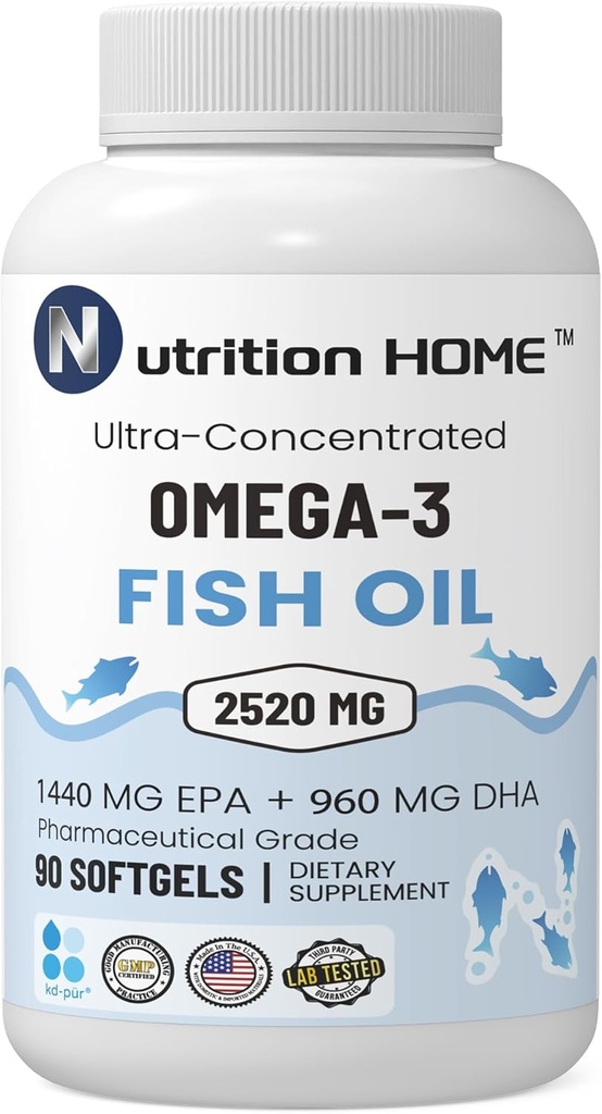 Trojna moč Omega 3 ribje olje 3000 mg EPA & DHA, 2520mg Omega 3 Maščobne kisline 1440mg EPA + 960mg DHA Najboljše esencialne maščobne kisline Premium Burpless Softgel dopolnila (90)