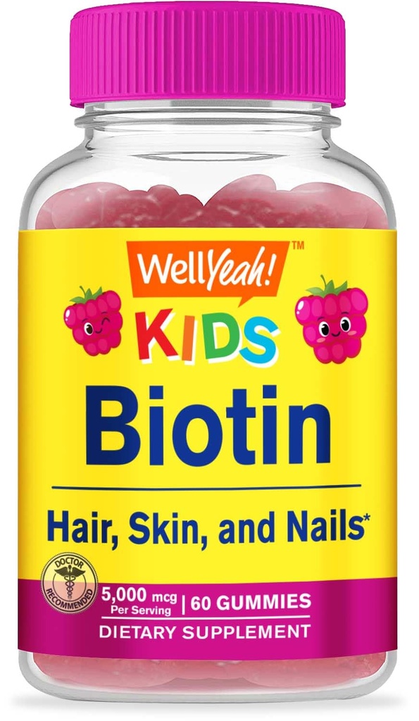 WellYeah Biotin Gummies za otroke 5000 mcg - Podpira rast las, zdravje kože in nohtov - Naravne izvorne arome - GSO brezplačno, Gluten brezplačno - Gummy za fante in dekleta - 60 Count
