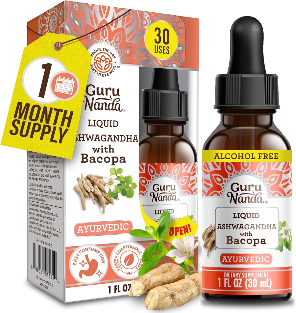 GuruNanda Liquid Ashwagandha z Bacopa (1 Fl Oz) - Naravni prehranski dodatek- Tekoči ekstrakt kapljice - za moške & ženske- Vegan & Alkohol-free - Aids in Imune, Focus & Relaxation Podpora
