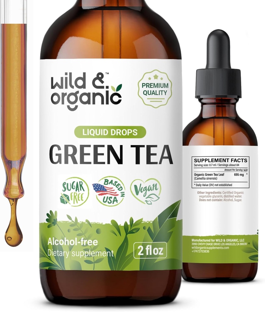 Divji in ekološki izvleček zelenega čaja Tekoči kapljice - Antioksidant dodatek - Naravni zeleni čaj Dodatki w/Camelia Sinensis - Vegan, sladkor in alkohol brez Tinkture - 2 fl oz
