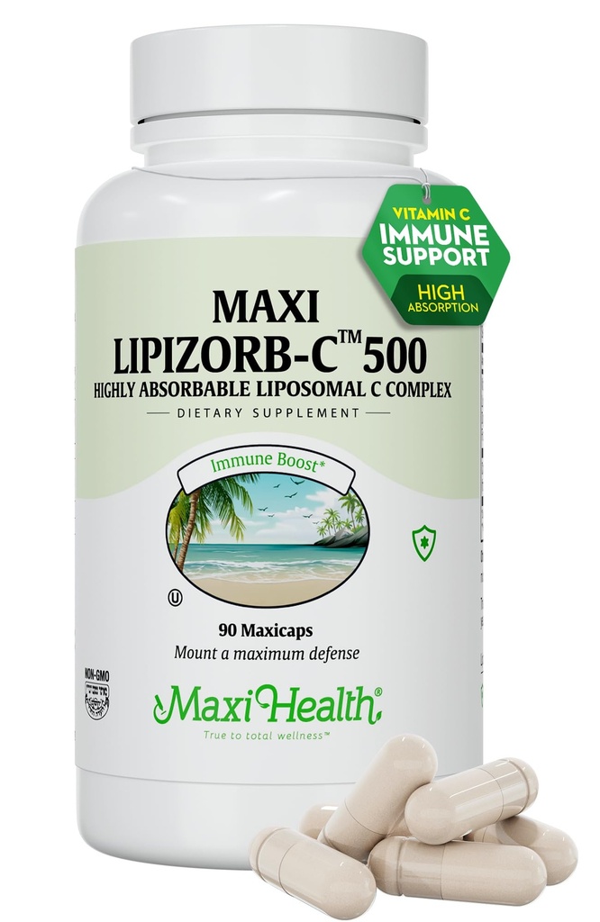 Maxi Health Liposomal Vitamin C 500 mg Kapsule z digestivno mešanico, visoko dozo vitamina C, brez GSO Košir vegetarijanski zdravnik Formulirana Imunska podpora dodatek (90 števec)