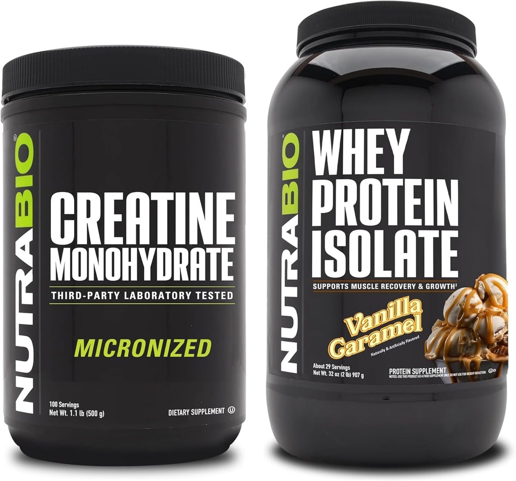 NutraBio Kreatin Monohidrat, brez arome, 500g in sirotkinega proteina izolat, Vanilla Caramel, Dopolnilo - mišična energija, Lean Muscle rast, okrevanje in moč