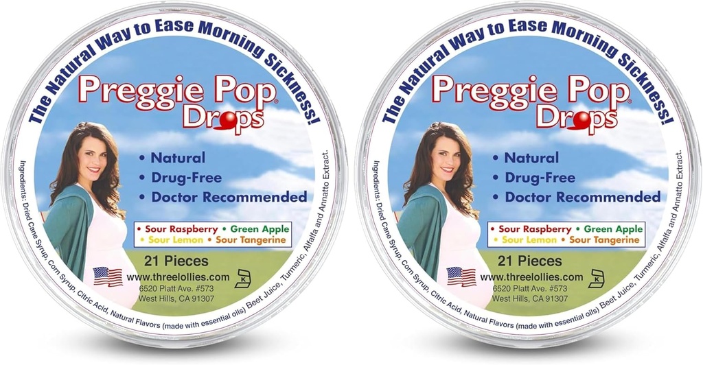 Tri lizike Preggie Pop kapljice - 21 Kapljice - Jutranja bolezen Relief med nosečnostjo - Varen za nosečnice mama & dojenček - Gluten brezplačno - Štiri arome: Lemon, malina, Zelena Apple, Tangerine (Pack of 2)