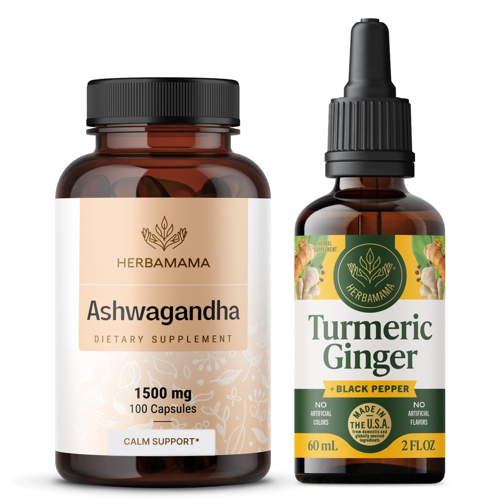 HERBAMA Ashwagandha in kurkuma ingver, ki vsebuje 1500 mg korenske kapsule Ashwagandha in kurkuma ingver tinktura 2 fl - vegan, ne-GMO, sladkor in alkohol - 2 pakiranji