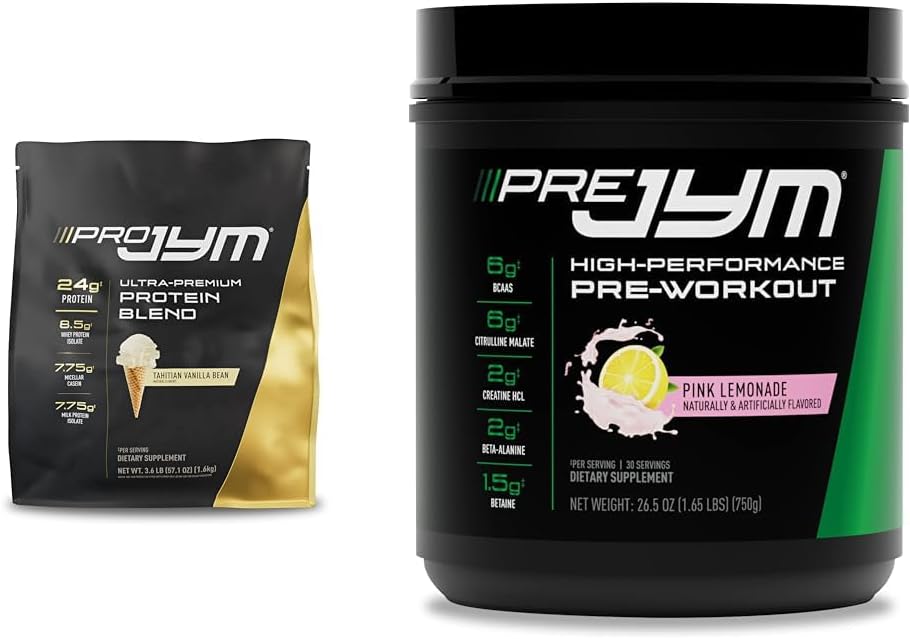 PRO JYM 45 Služabniki Tahitian Vanilla + PRE JYM 30 Služabniki Roza limonada Predworkout Powder paket