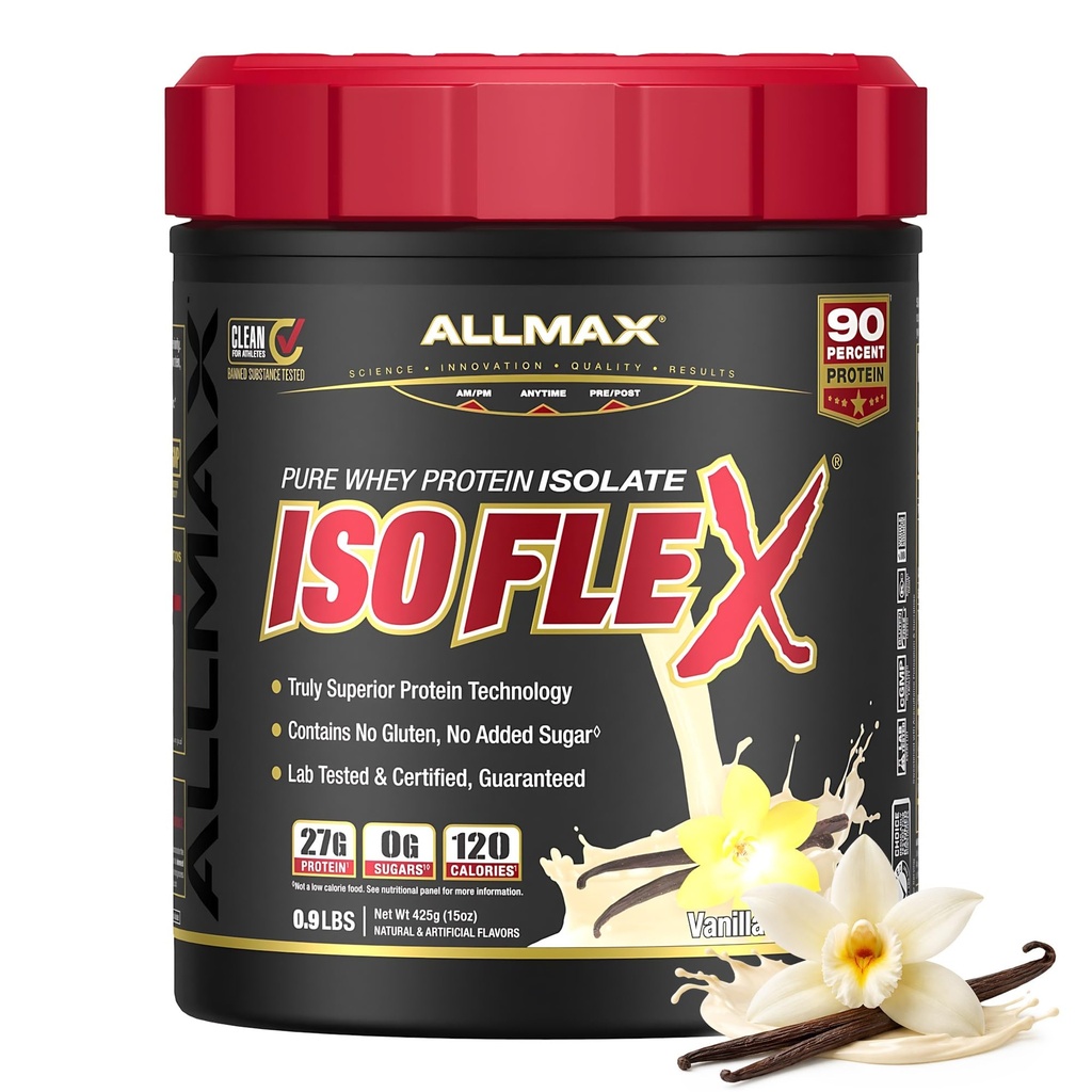 ALLMAX ISOFLEX izolat sirotkinih beljakovin, vanilija - 1 lb - 27 gramov beljakovin na Scoop - nič maščob in sladkorja - 99% laktoza brez glutena in soje - pribl. 15 Služiti