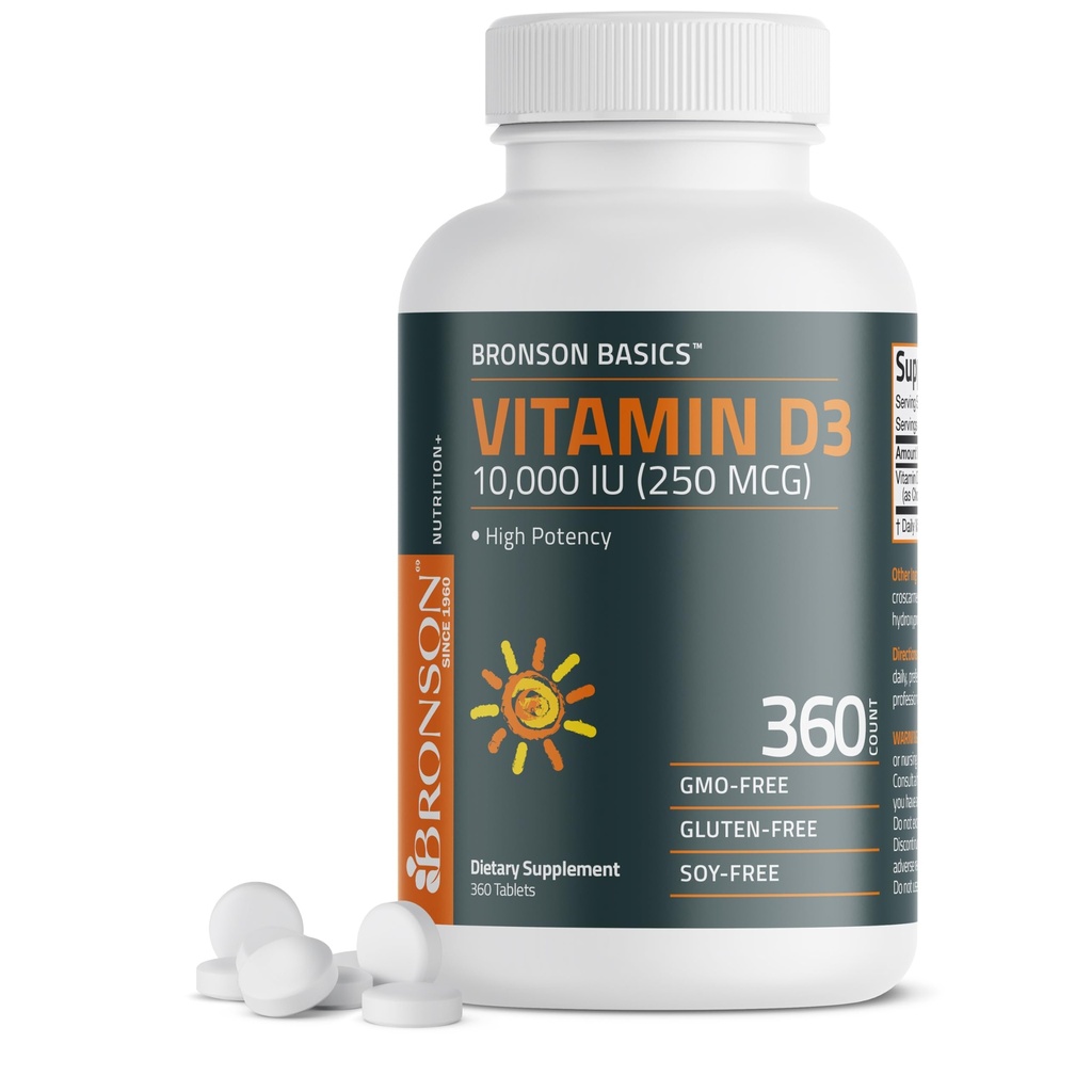 Bronson Vitamin D3 10.000iu (250mcg) 1 leto Oskrba za zdravo delovanje mišic in imunske podpore, Non-GMO, 360 tablet
