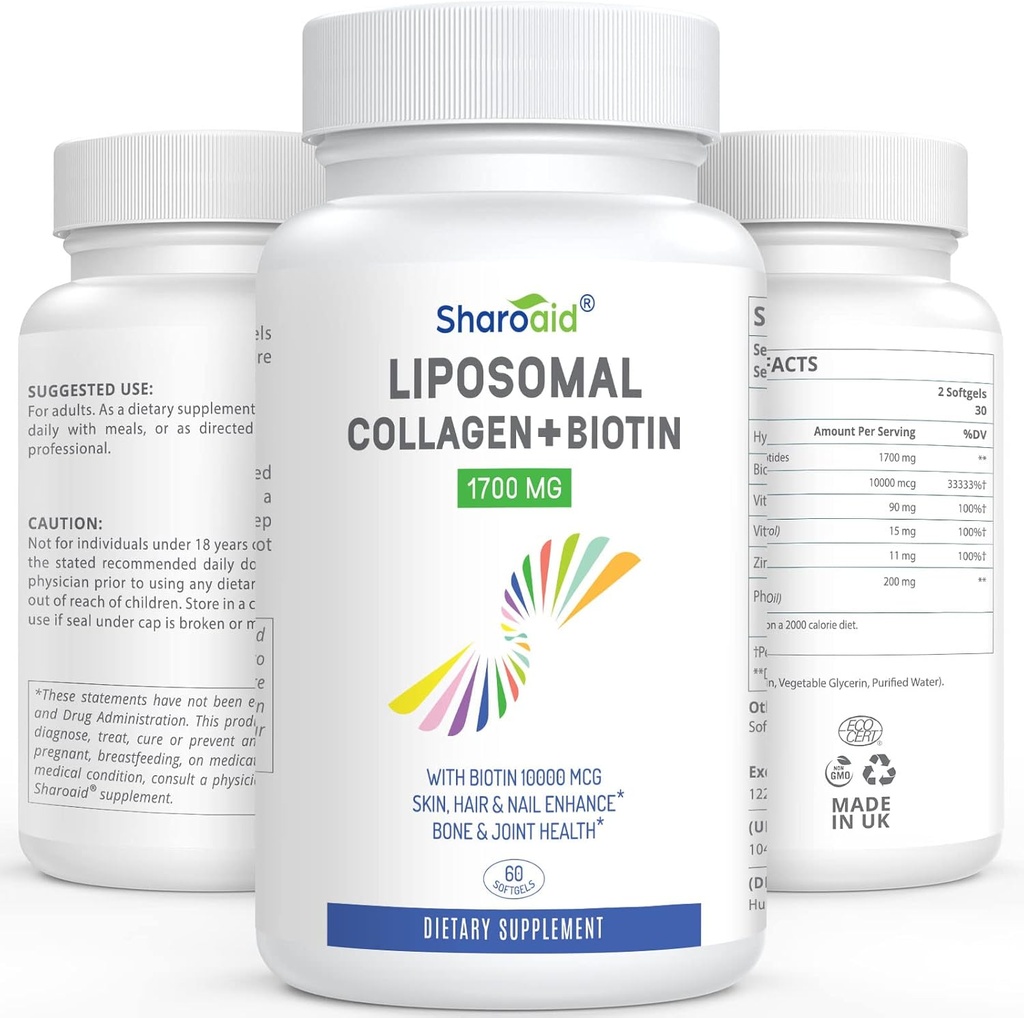 Liposomski hidrolizirani kolagen peptidi 1700 mg in Biotin 10000mcg dodatki za ženske, moške, visoka absorpcija, vitamin E,C in cinkove kapsule za kožo, rast zraka, skupne in nohte,60 softgels