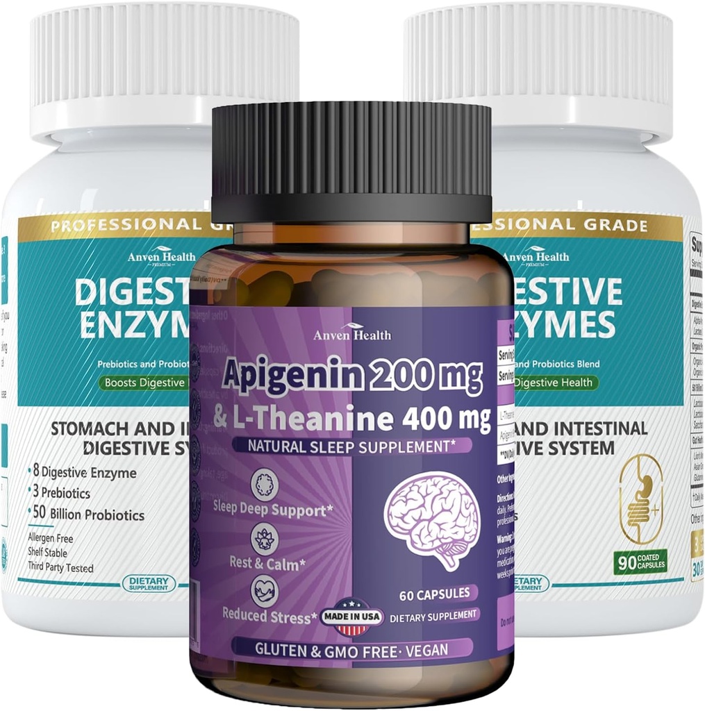 Apigenin z L-Theanine + Prebavne encime Wellness Bundle – Naravna sprostitev, Stress Relief & Prebavna podpora