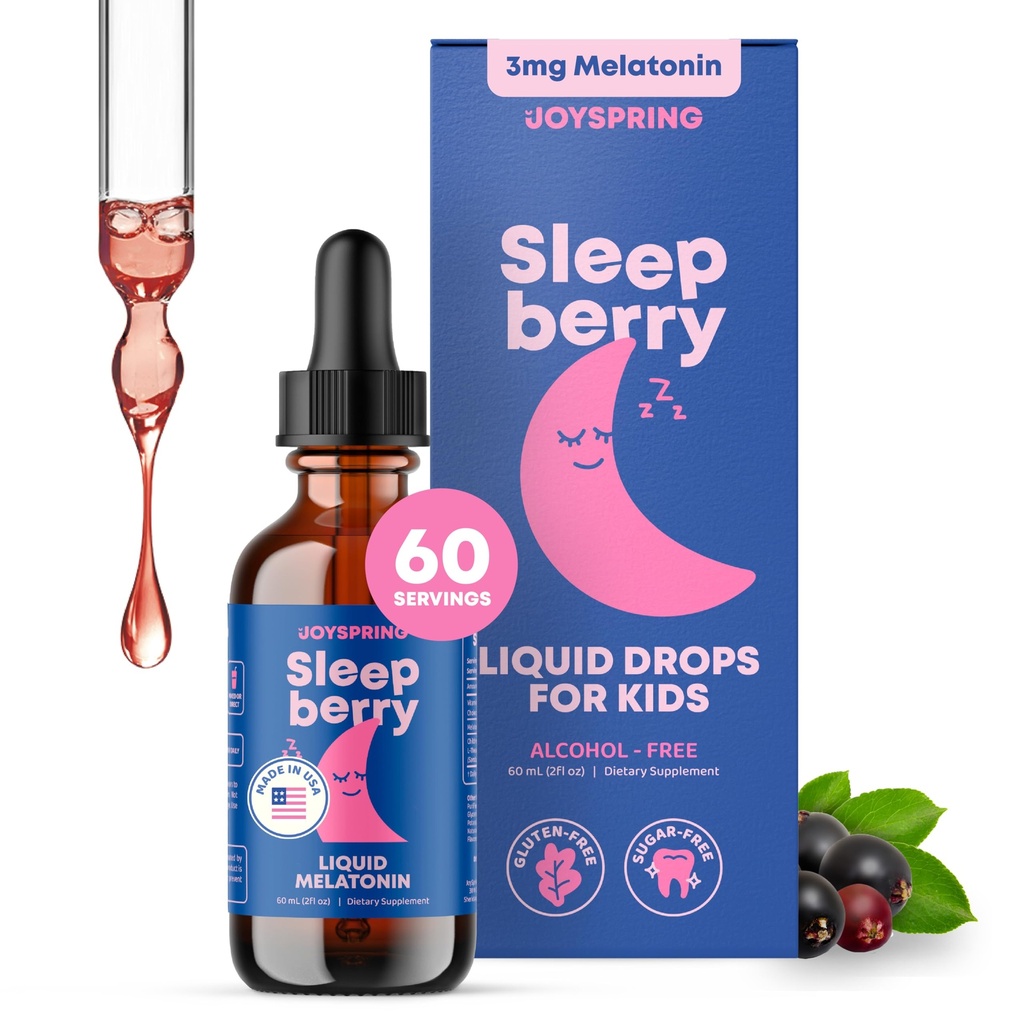 VeseljeSpring Sleepberry otroci Melatonin 3 mg – Tekoči spanec z L Theanin, visoka absorpcija Berry kapljice (2 fl oz) 60 Servisi, Otroški Melatonin z vitaminom D Otroci Potujejo esencialne