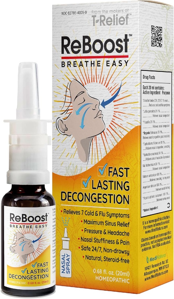 ReBoost Dihanje Easy Decongestion Nasal Spray hitro deluje hladno & gripa Simptom Relief Natural Homeopatske sestavine Pomoč Calm Congestion, Glavobol & Sinus tlak - 0,68 oz