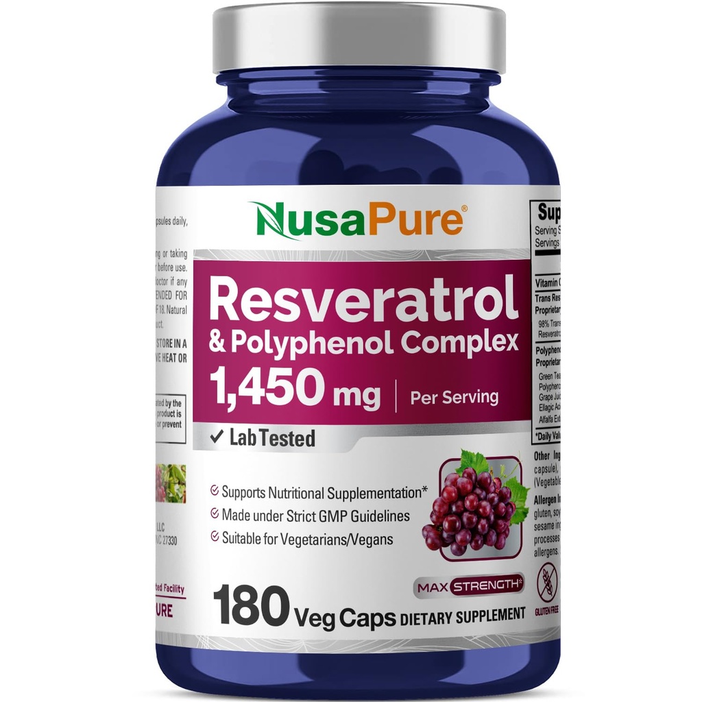 NusaPure Resveratrol & Polifenol kompleks 1450mg 180 Vegetarijanske kape (ne-GMO, Vegan) Vitamin C