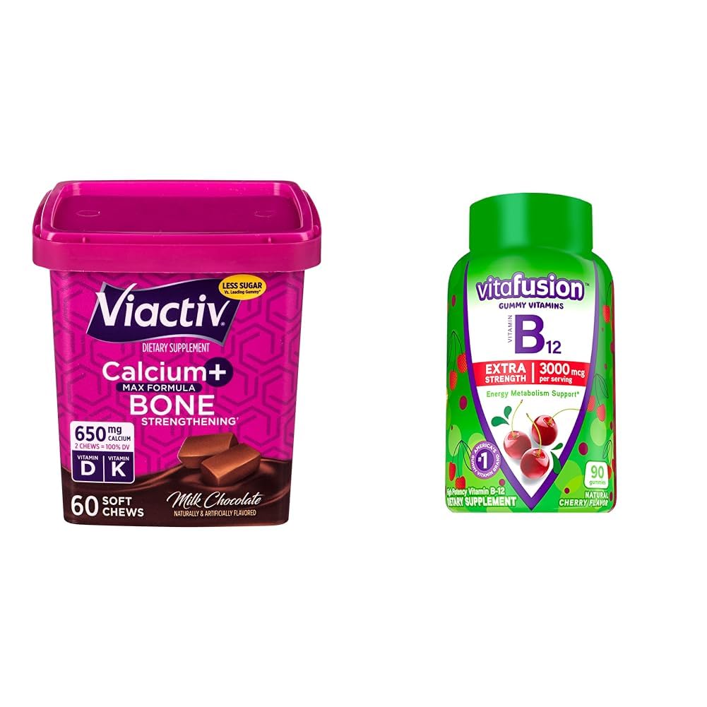 Viactiv Calcium +Vitamin D3 Supplement Soft Chews, Mlečna čokolada, 60 Chews & Vitafusion Extra Jakost Vitamin B12 Gummy Vitamini za energijo Presnovna podpora