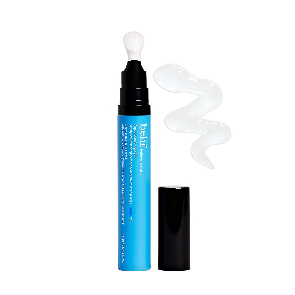 belif Aqua Bomb Cooling Eye Gel - kofein in hialuronska kislina za puhlost in hidracijo, niacinamid in vitamin C za temne kroge, adenozin in kolagen za brizganje in firming, korejska nega kože