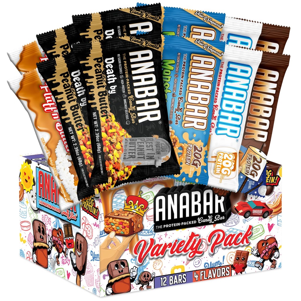 Anabar Protein Bar, Candy Bar z beljakovinami, Najboljši okus protein Bar na svetu, Brez sladkornih alkoholov, Visoke beljakovine, Neverjetno okusno, 20 Gram beljakovin (12 Bars, Variety Pack)